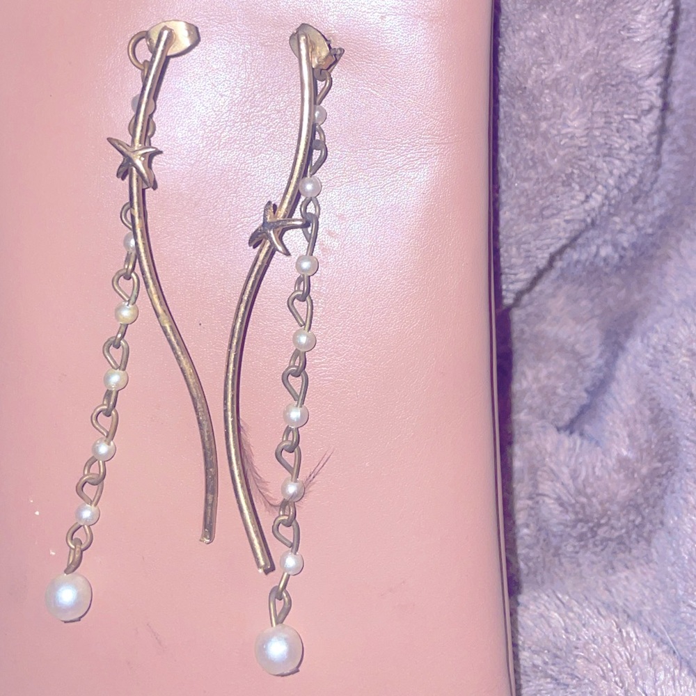 Vintage Gold Plated Star Tassel Wave Dangle Drop Pearl Earrings